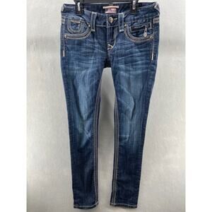 Berock For Express Jeans Womens Sz OS Skinny White Stitch Denim Blue Embroidered